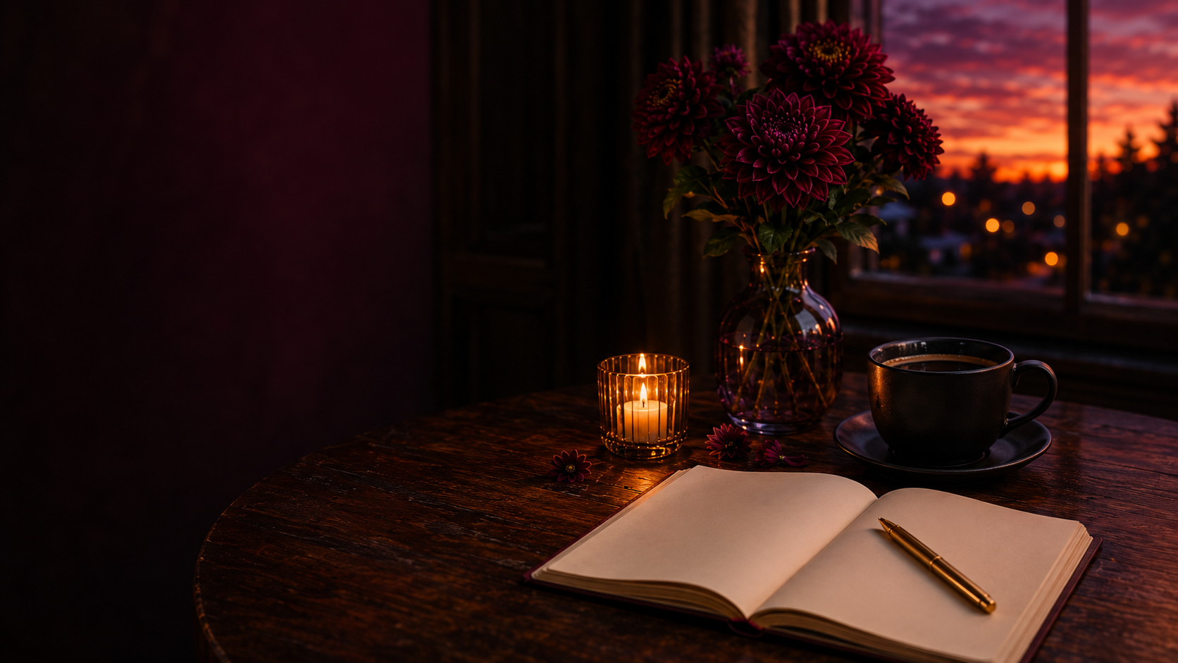 A candlelit writing desk with burgundy flowers, an open journal, and a glowing dusk window